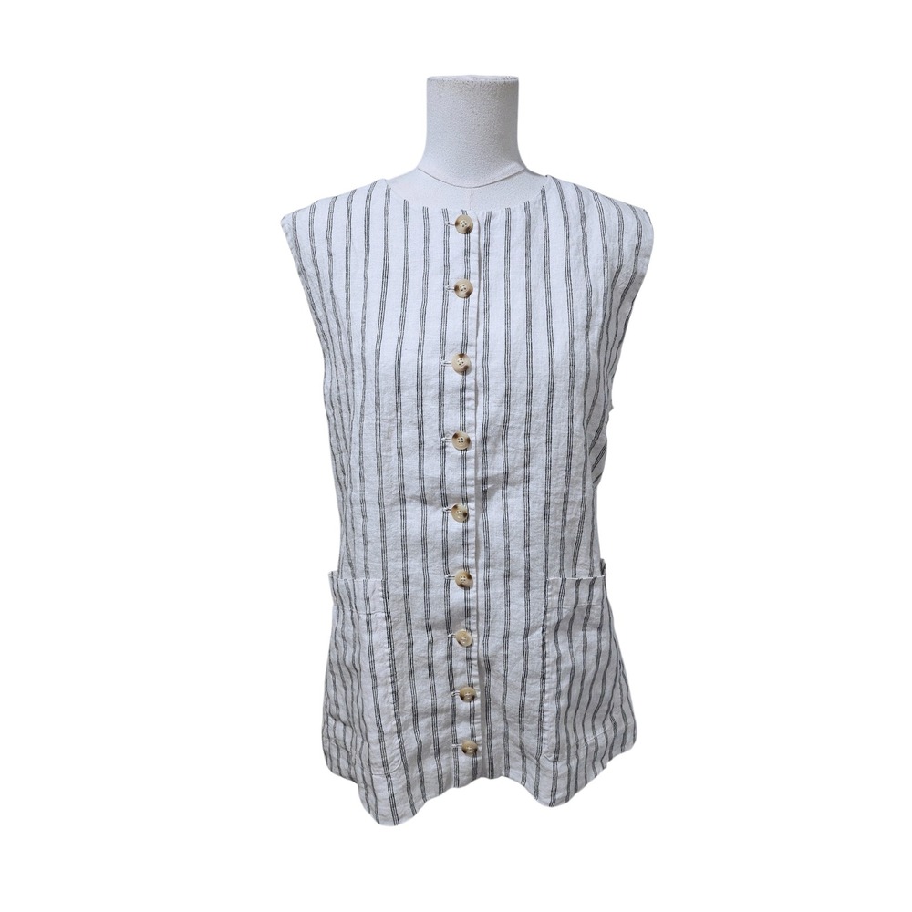 Quince 100% European Linen Longline Vest Oatmeal Black Stripe L LB93880